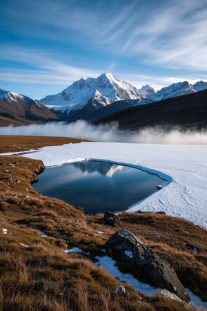 Natural scenery of lakes under snow capped mountainsの素材