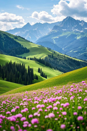 Mountain meadows and sea of blooming flowersの素材