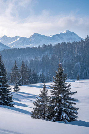 Snowy forest under the snow capped mountainsの素材