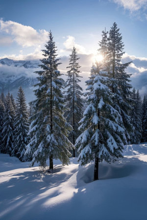 Snow covered forest with sunshineの素材