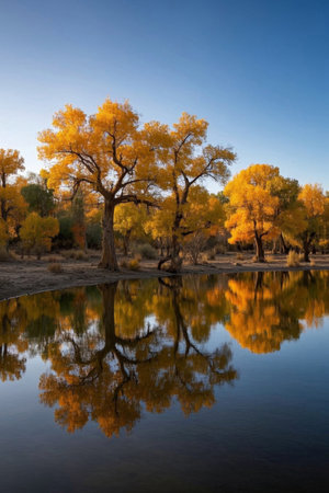 Autumn scenery of the poplar forest by the waterの素材