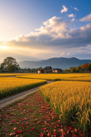 Golden rice fields and rural scenery at sunsetの素材