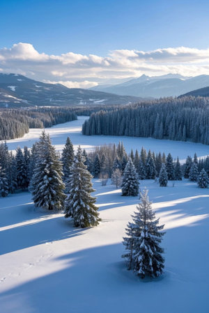 Panoramic view of the snow covered mountains and forests in winterの素材