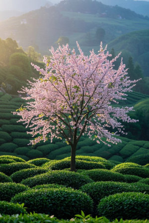 Cherry blossoms blooming in the tea gardenの素材