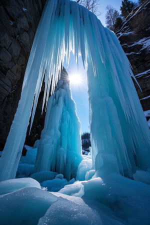 Spectacular natural icefall in the sunの素材