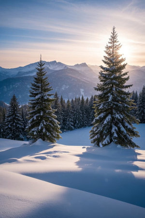 After the snow, the mountains and forests are bathed in sunshine and the scenery is beautifulの素材