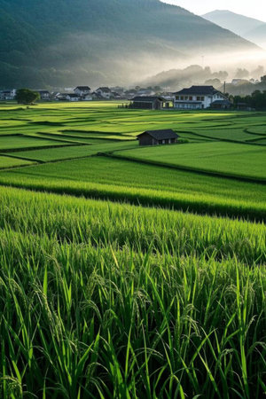 Rural green rice fields and residential landscapesの素材