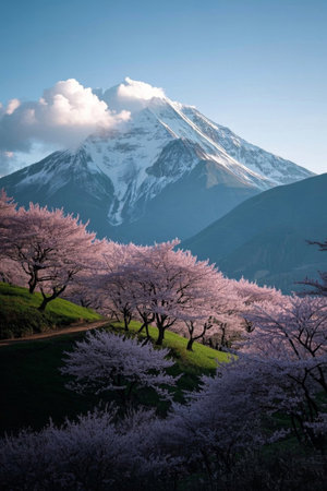 Cherry blossoms in full bloom beside Mount Fujiの素材