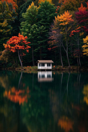 A cabin in the forest by the lake in autumnの素材