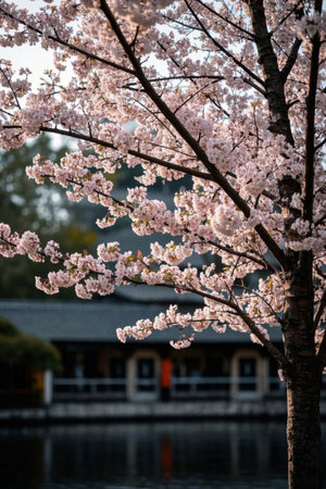 Cherry blossom trees in full bloom and background architectural landscapeの素材