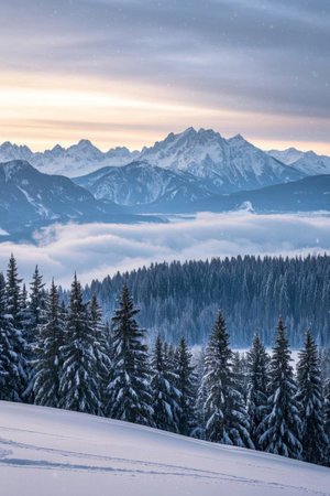 Snow backed forests and distant snow capped mountain landscapesの素材