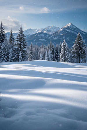 Snowy cedar forest at the foot of the snow mountainの素材