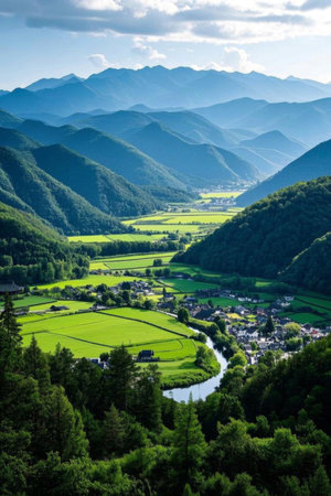 Pastoral village scenery in the valleyの素材