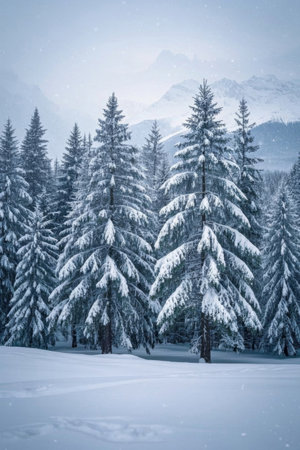 Snow covered forest and distant snow capped mountain landscapeの素材