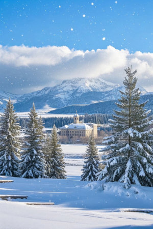 Snowy mountain scenery and architectural landscapeの素材