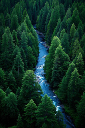 The scene of a winding river in the forestの素材