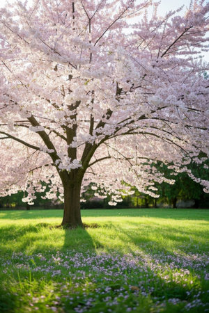 Cherry blossoms in full bloom in a park in Washington DCの素材