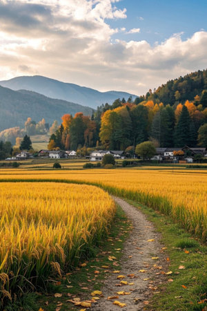 Autumn rural rice fields and mountain sceneryの素材