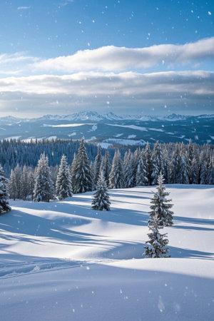 Snowy cedar forest at the foot of the snow mountainの素材