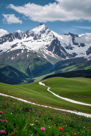 Grassland and flower sea scenery under the snow capped mountainsの素材
