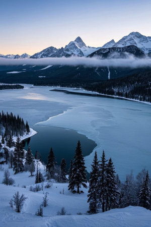 Frozen lake and forest landscape under the snow capped mountainsの素材