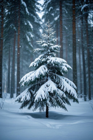 A pine tree in a snowy forestの素材