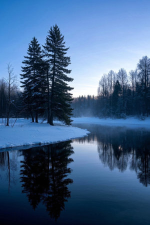 A tranquil river beside a snowy forest in winterの素材