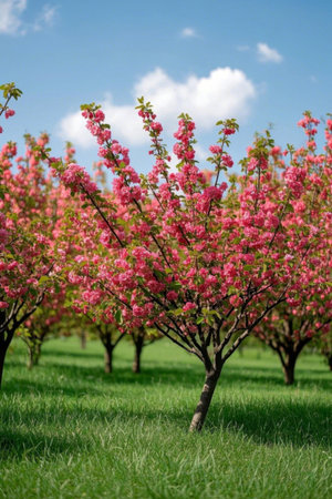 Pink cherry trees in bloom in the meadowの素材