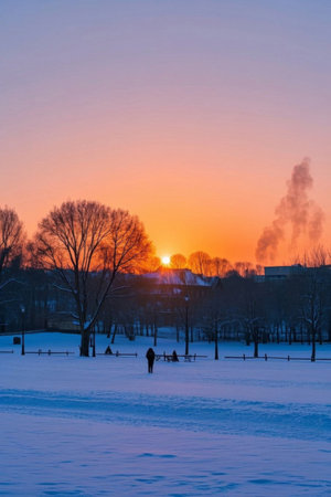 Leisure scene under the setting sun on winter snowの素材