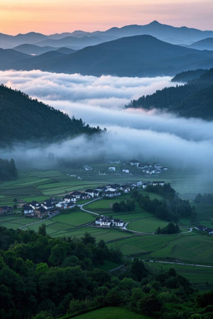 Pastoral village landscape under the sea of clouds in the mountainsの素材