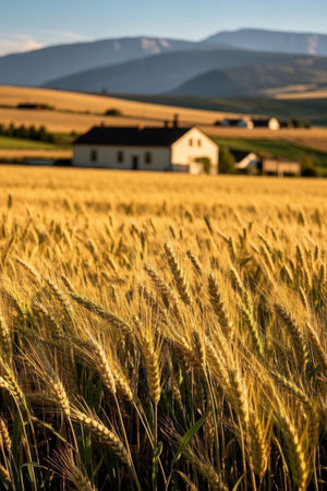 Mature wheat in the field and the farmhouse in the distanceの素材