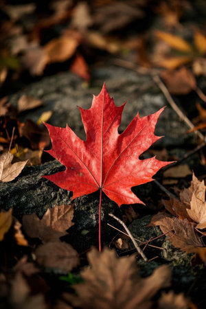 Close up of red maple leaves and fallen leavesの素材