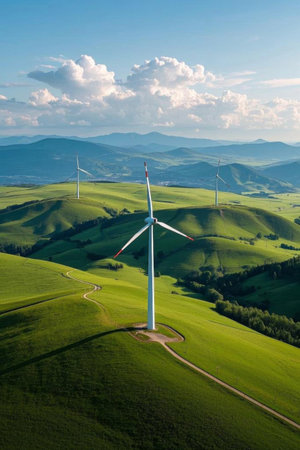 Aerial view of wind turbines on the grasslandの素材