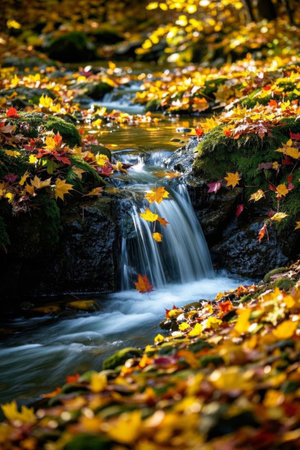 Small stream water landscape in the forest in autumnの素材