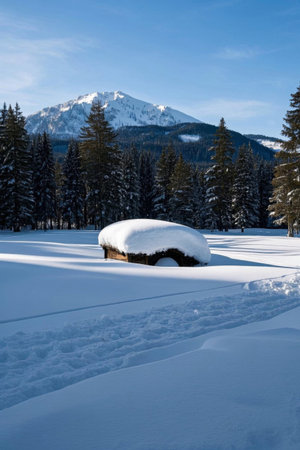 Wooden houses in the forest behind the snow and distant mountain sceneryの素材