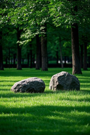 Two large rocks on the grassの素材