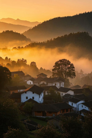 Morning view of the mountain village with mist surrounding the housesの素材