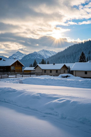 Wooden houses and snowy scenery in the mountains behind the snowの素材