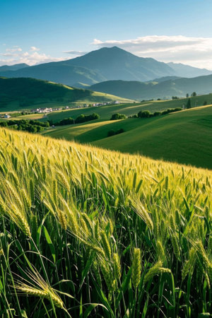 Wheat in the fields and distant mountain sceneryの素材