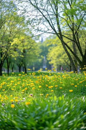Spring meadow flowers and green treesの素材