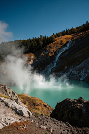 Steaming turquoise lake in the mountainsの素材