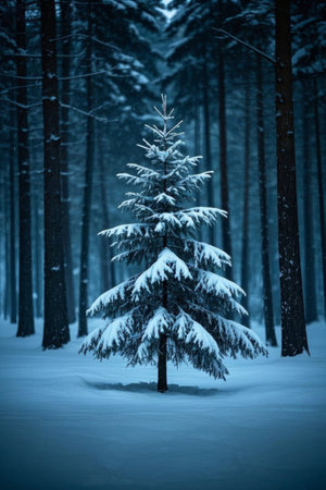 Single pine tree in snow covered forestの素材