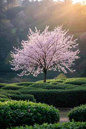 Cherry blossoms in full bloom in a spring tea gardenの素材