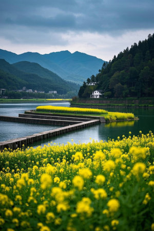 Riverside rapeseed fields and distant mountain sceneryの素材