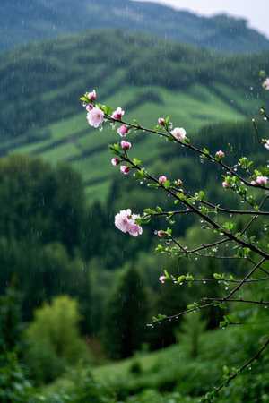 Pink mountain flowers blooming in the rainの素材