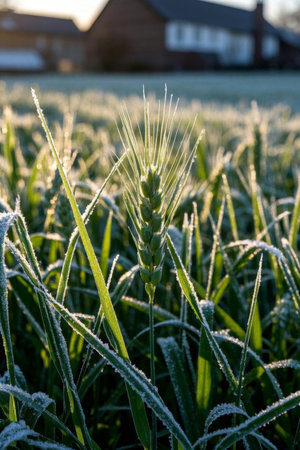 Close up of frosted wheat in the early morning wheat fieldの素材