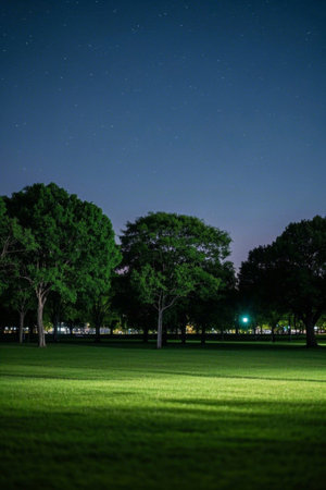 Park grass and trees at night starry sky landscapeの素材