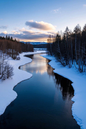Winter river snow scenery natural sceneryの素材