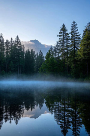 Forest Lake Morning Mist and Distant Mountain Reflectionsの素材