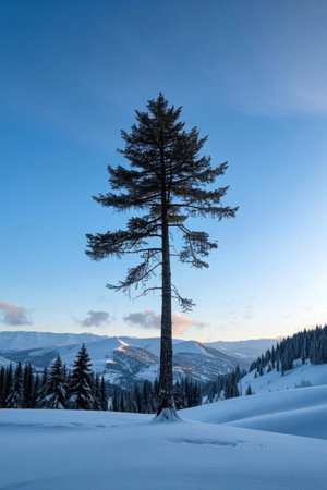 Snowy mountain forest with single pine treesの素材